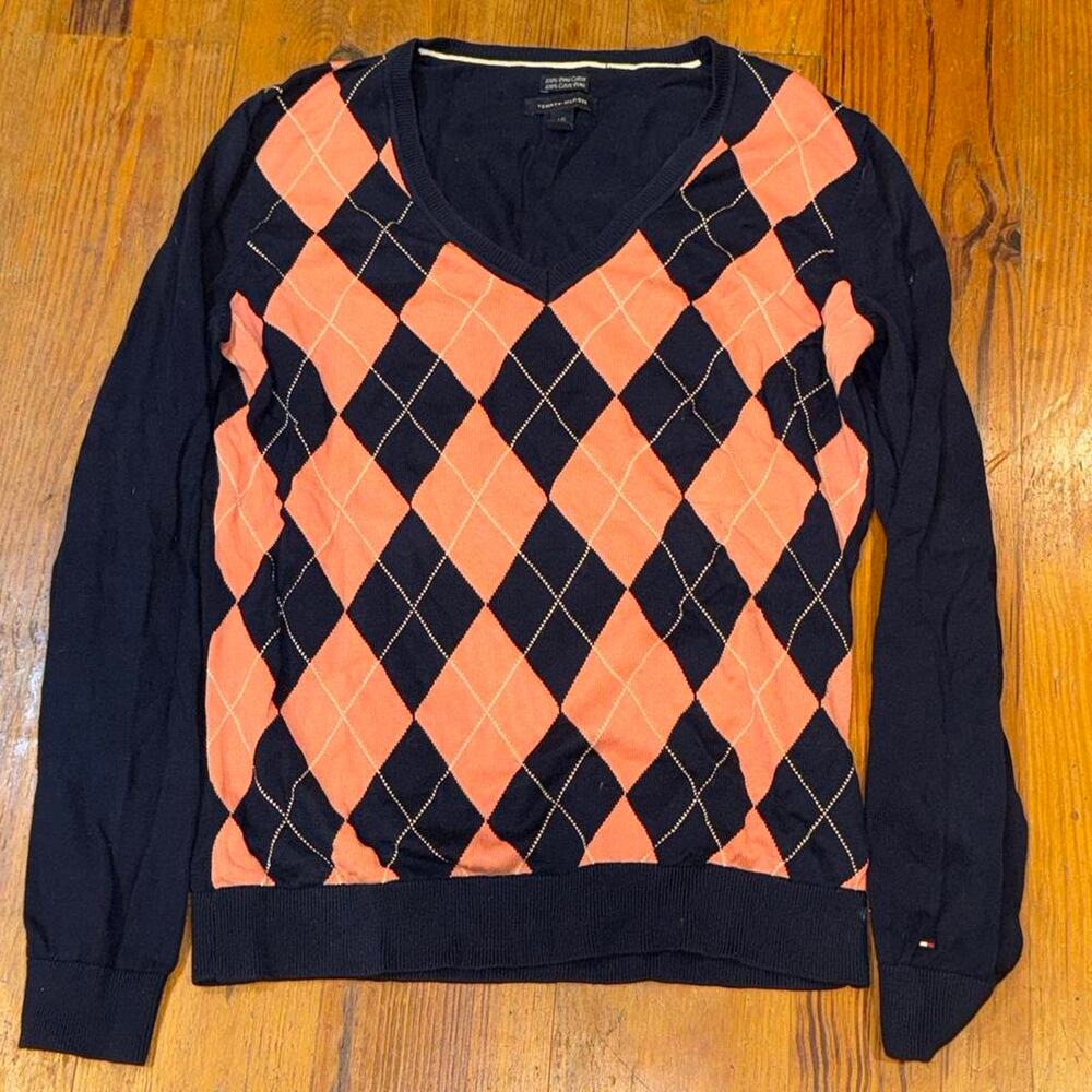 Tommy Hilfiger Navy Orange Argyle V Neck Pima Cotton Sweater Women’s L